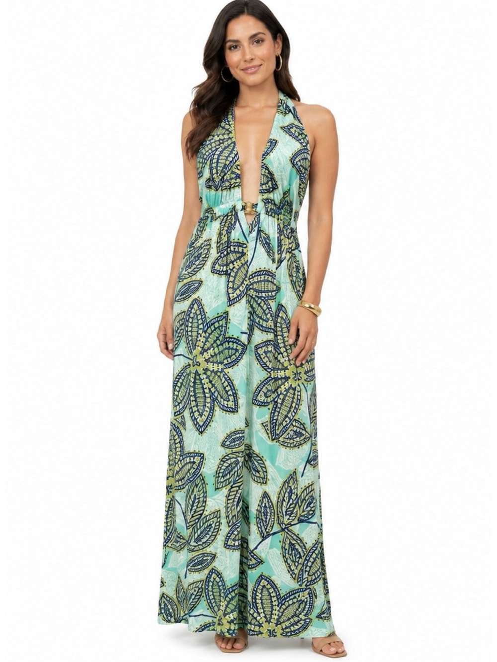 Trina Turk Biscayne Green Egyptian Floral open back maxi dress boho fairy 10